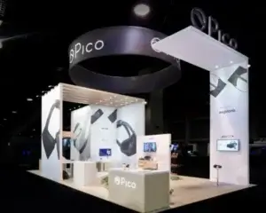 Pico rental booth design with branded graphics and display elements