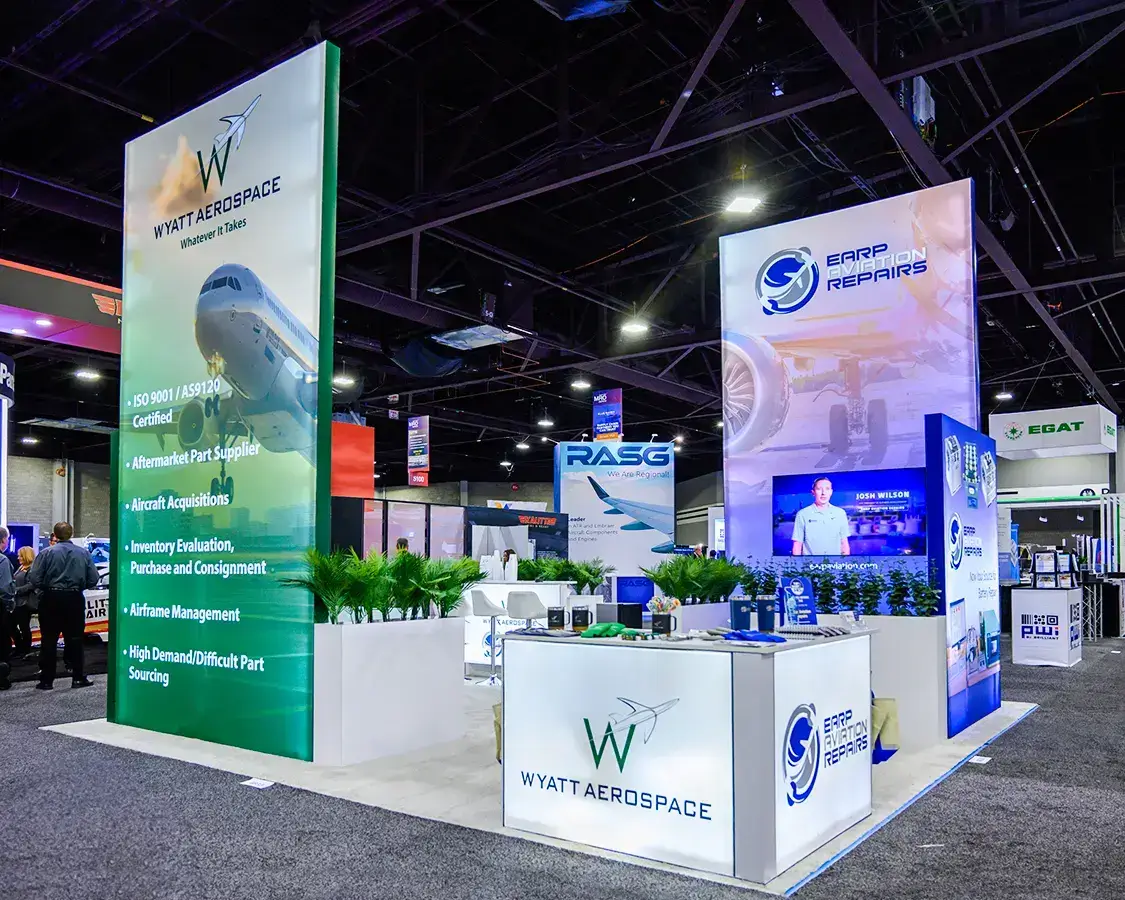 20x20 Exhibit Booth Rental for Wyatt at MRO Americas Show 2025, Designed and Built By Exponents in Atlanta, GA 20x20 Exhibit Booth Rental for Wyatt at MRO Americas Show 2025, Designed and Built By Exponents in Atlanta, GA