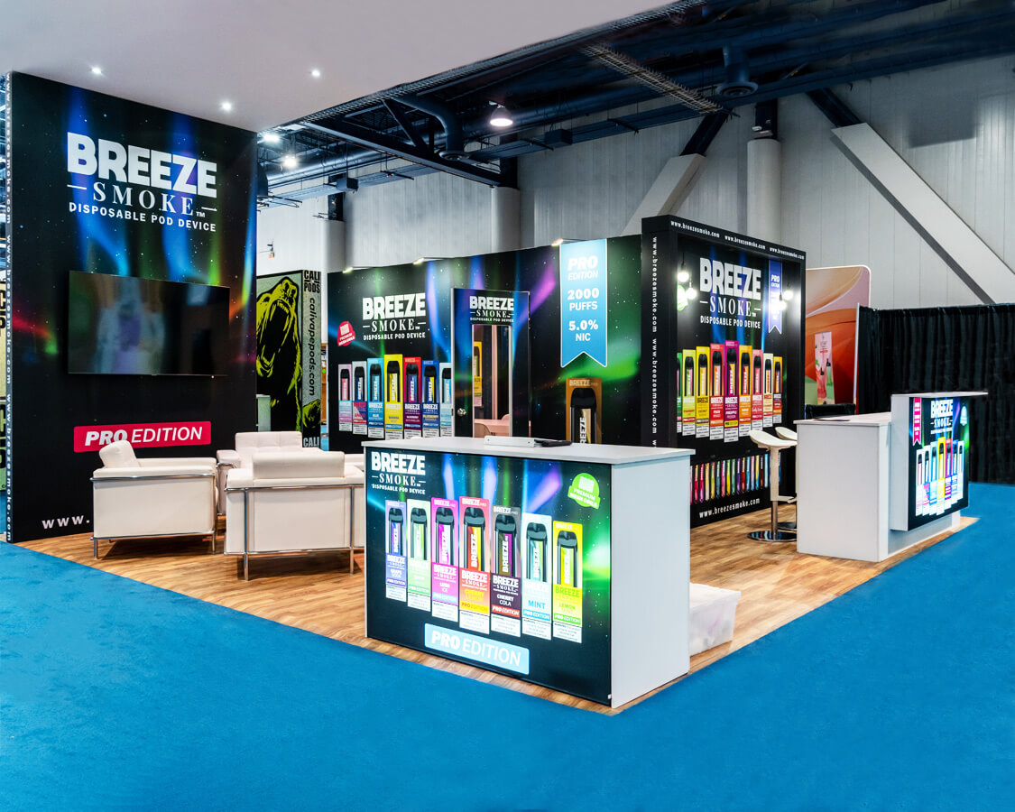 20x20 Exhibit Rental for Breeze Smoke at TPE Show, Designed and Built by Exponents in Las Vegas, NV