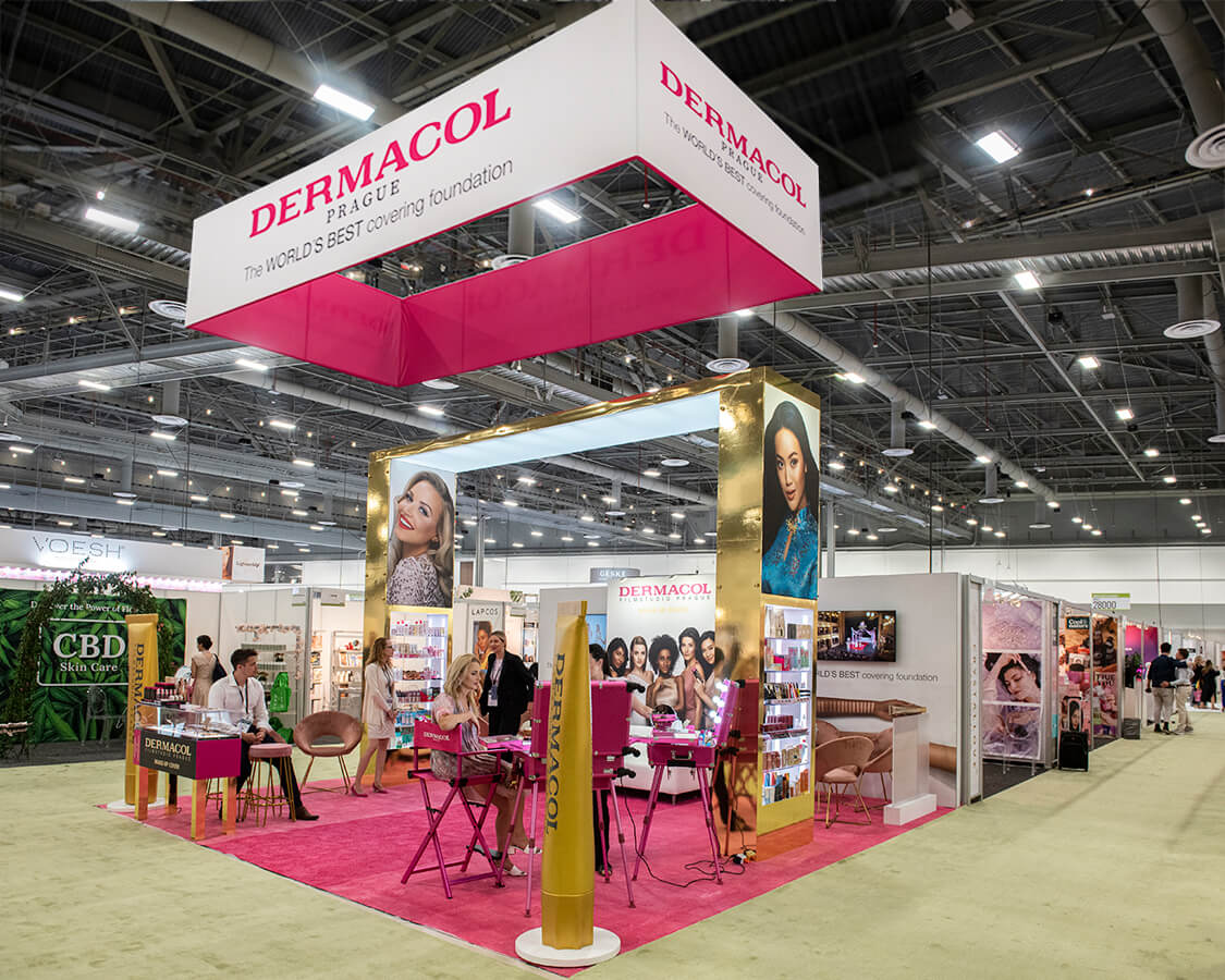 20x20 Exhibit Booth for Dermacol at Cosmoprof North America, Built by Exponents in Las Vegas, NV
