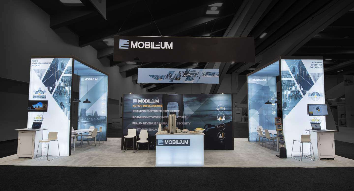 20x40 Custom Trade Show Exhibit for Mobileum at MWC San Francisco, Designed and Built by Exponents for the Telecom & Mobile Technology Industry