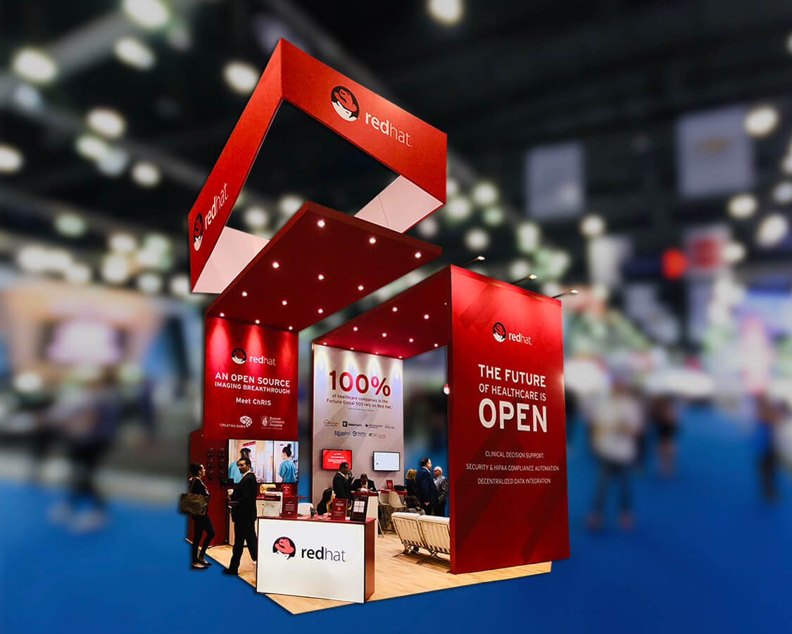 20x40 Trade Show Booth Rental for Red Hat at MWC, Built by Exponents in Los Angeles, CA 20x40 Trade Show Booth Rental for Red Hat at MWC, Built by Exponents in Los Angeles, CA