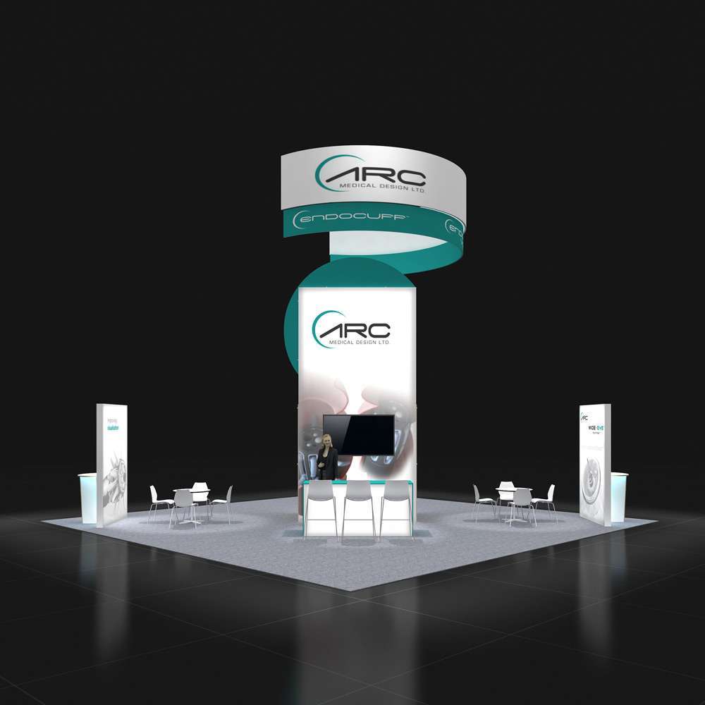 Front View – RLU3030 71: Striking 30x30 Trade Show Booth Design for Brand Visibility 02