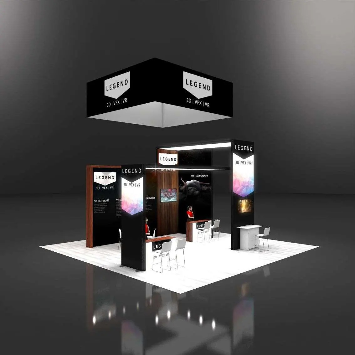 Trade Show Booth Side View – RLU3030 48: Modern 30x30 Rental Exhibit for Exhibitor Marketing 02