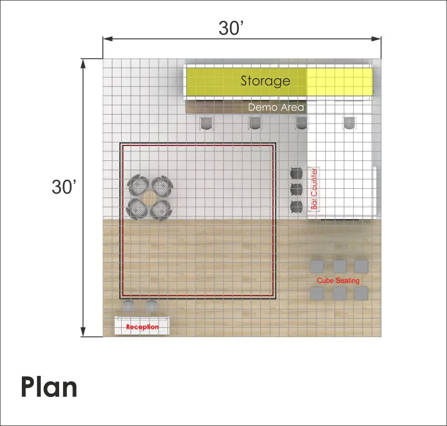 Plan – RLU3030 34: Head-Turning 30x30 Trade Show Booth Design Concept