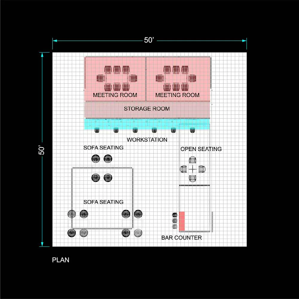 Plan – RLU5050 12: Head-Turning 50x50 Trade Show Booth Design Concept