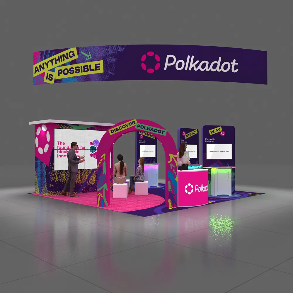 Front-Left Angle View – BRLU2020 341: Striking 20x20 Trade Show Booth Design for Brand Visibility