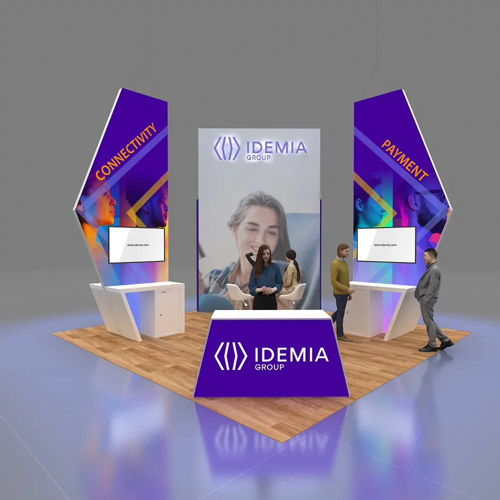 Front View – GRLE2020 23: Striking 20x20 Trade Show Booth Design for Brand Visibility
