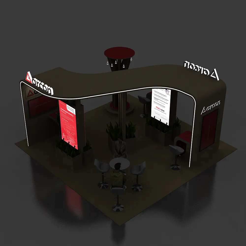 Backlit Night View 2 – BRLU2020 50: Bold 20x20 Rent a Booth Design for Trade Shows
