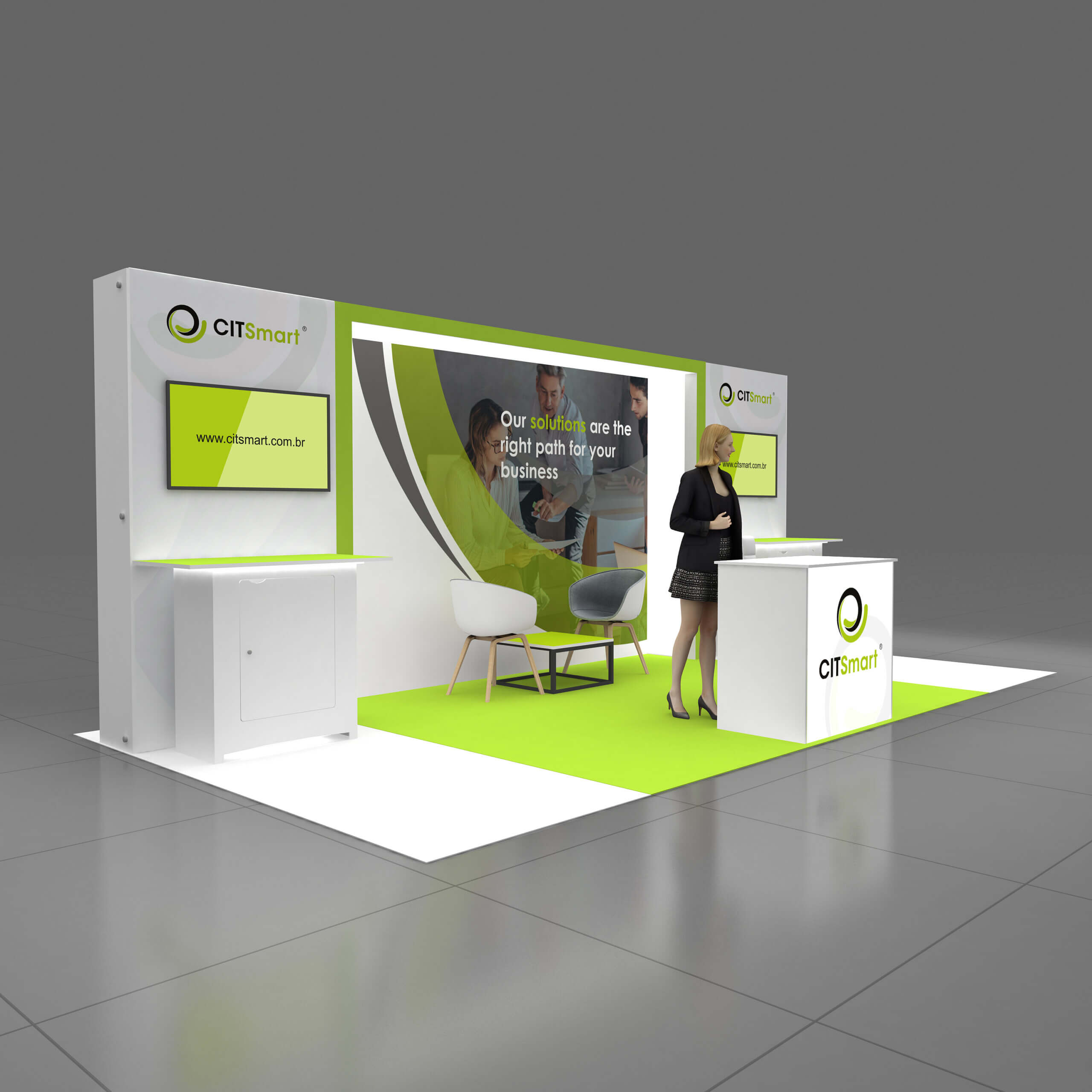 Right Side Perspective View - GRLU1020 63: Dynamic 10x20 Trade Show Exhibit Design for Maximum Impact Right Side Perspective View - GRLU1020 63: Dynamic 10x20 Trade Show Exhibit Design for Maximum Impact