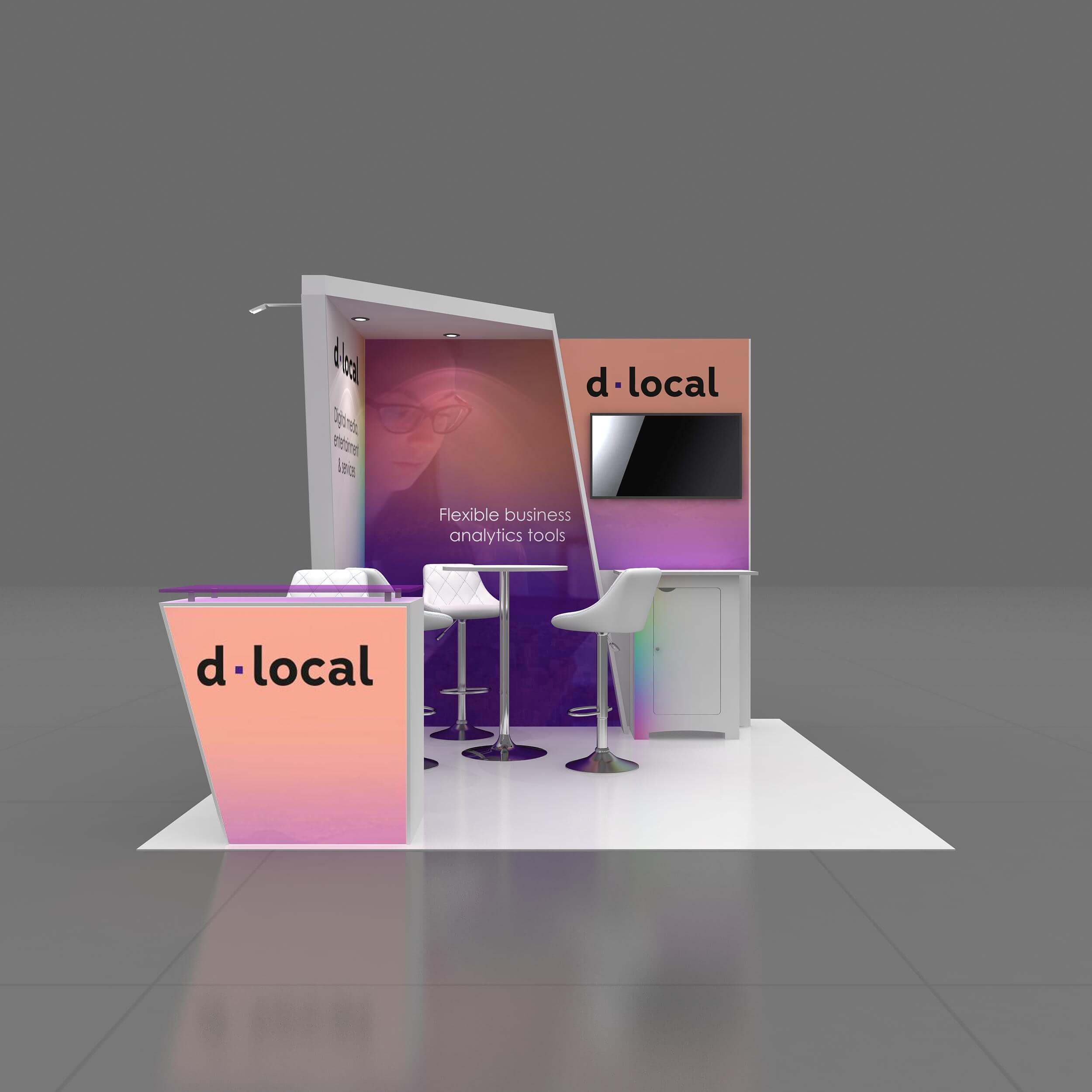 Front View - GRLU1010 22: Avant-garde 10x10 trade show rental booth for Las Vegas shows