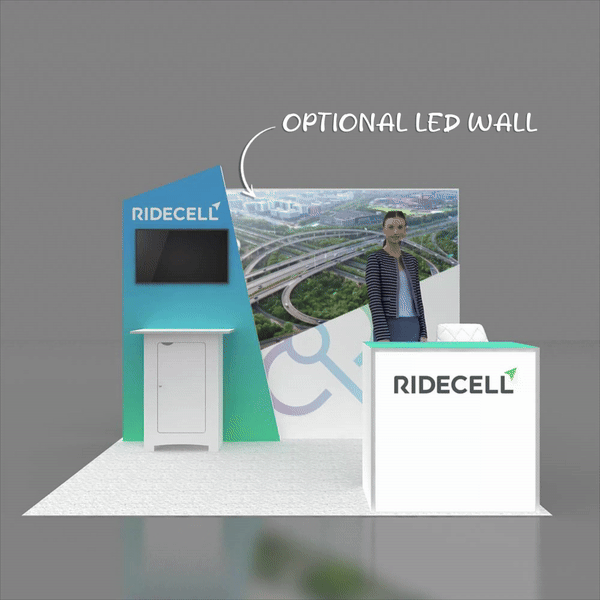 Front View with LED Counter - RCR1010 09: Top-notch 20x40 trade show booth rentals Las Vegas Ridecell 10x10 LED Booth