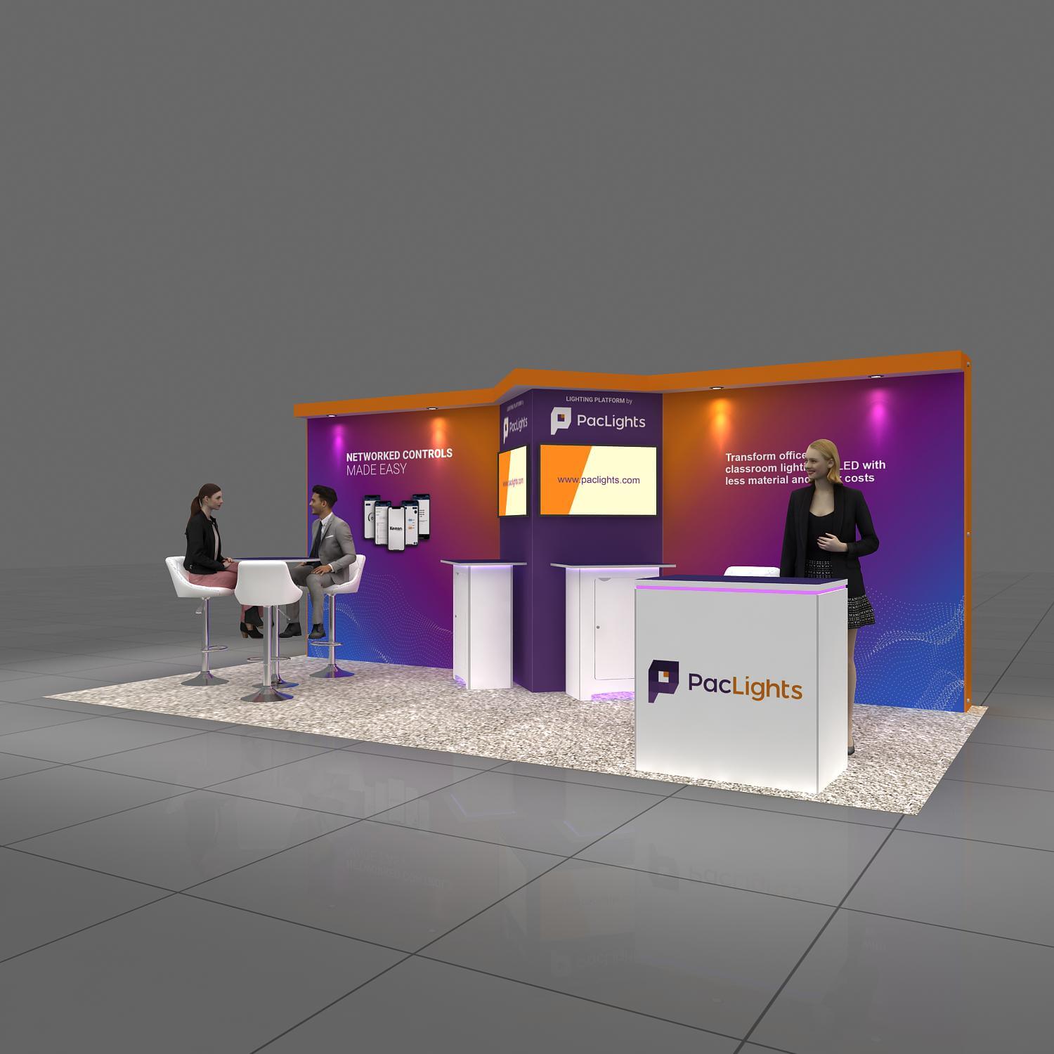 Left Side Perspective View - GRL1020 04: Striking and purpose-driven 10x20 booth rentals
