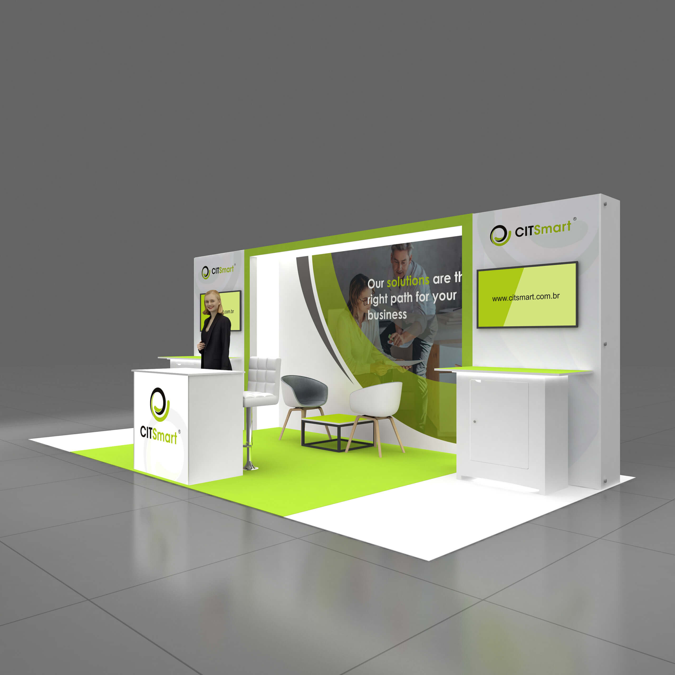 Left Side Perspective View - GRLU1020 63: Stunning 10x20 Custom Trade Show Exhibit Rental Experience Left Side Perspective View - GRLU1020 63: Stunning 10x20 Custom Trade Show Exhibit Rental Experience