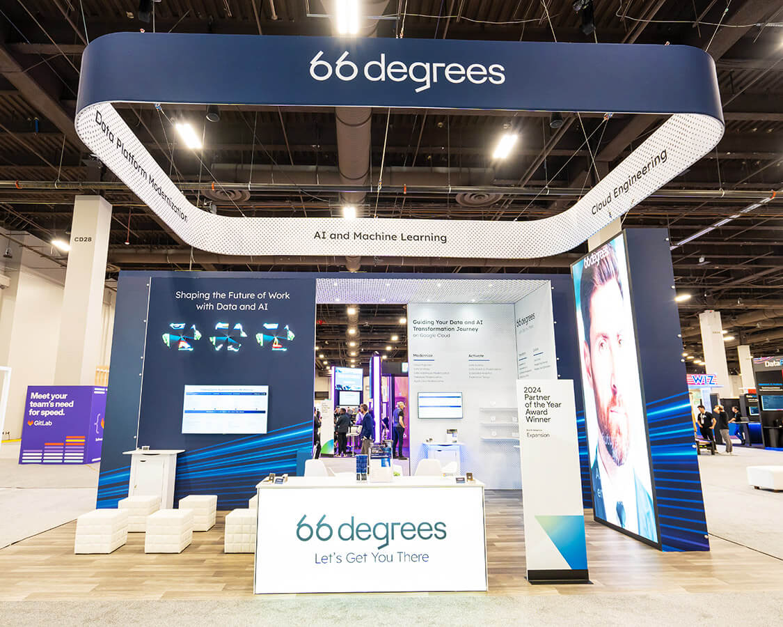 20x30 Trade Show Exhibits for 66degrees at Google Cloud Next Show, Built by Exponents in Las Vegas 20x30 Trade Show Exhibits for 66degrees at Google Cloud Next Show, Built by Exponents in Las Vegas