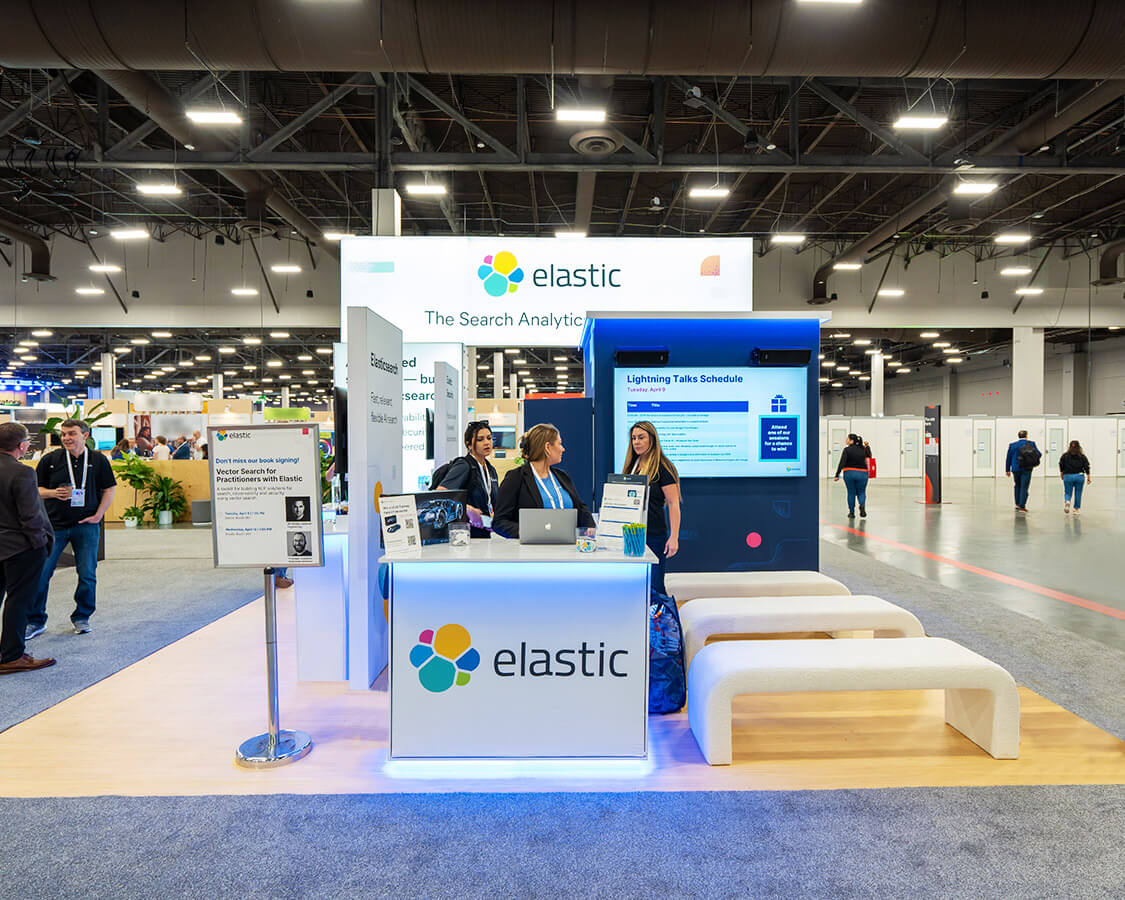 20x20 Trade Show Exhibit Rental for Elastic at Google Cloud Next Show, Built by Exponents in Las Vegas