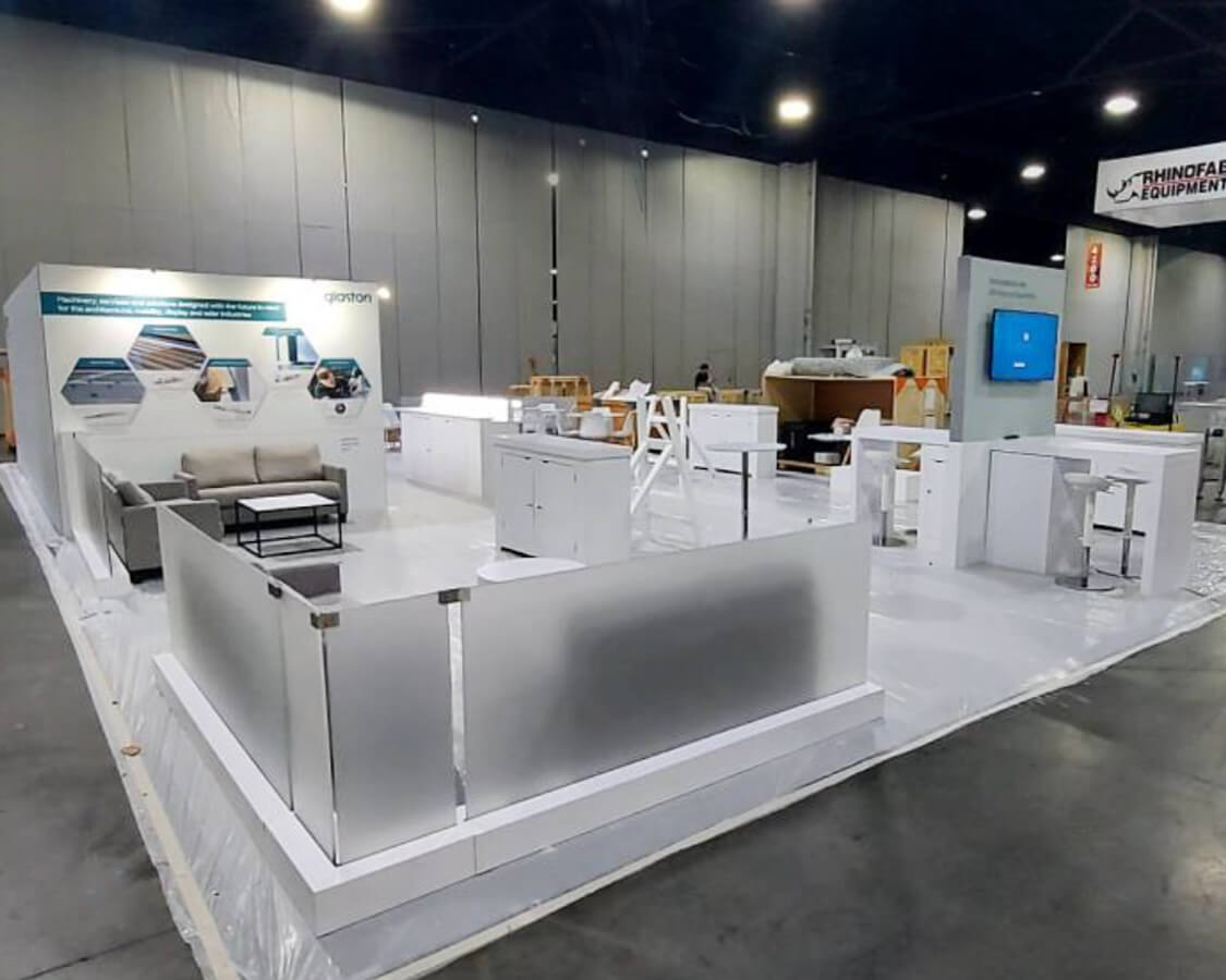 30x50 Trade Show Booth Rentals for Glaston at Glassbuild America, Designed and Built by Exponents in Atlanta, GA