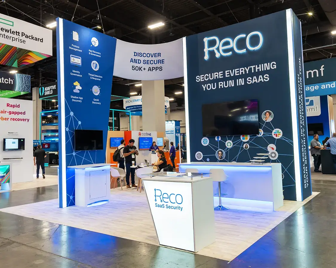 20x20 Trade Show Exhibit Rental for Reco AI at Black Hat Show, Designed and Built by Exponents in Las Vegas, NV