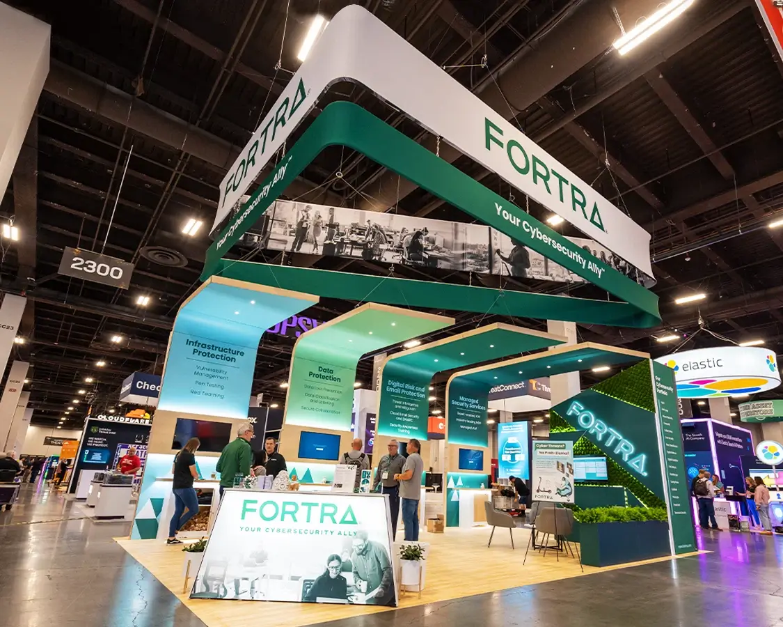20x30 Booth Rental for Fortra at Black Hat Show, Designed and Built by Exponents in Las Vegas, NV