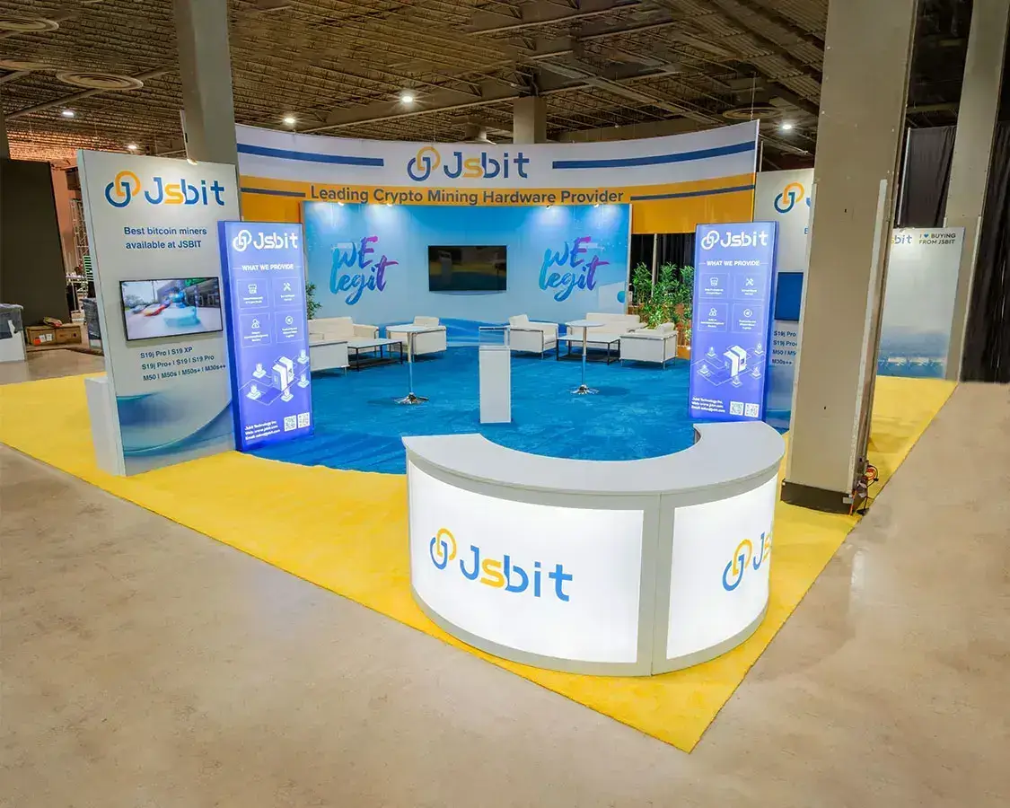 40×40 Trade Show Booth for Jsbit At Mining Disrupt, Designed and Built By Exponents in Miami