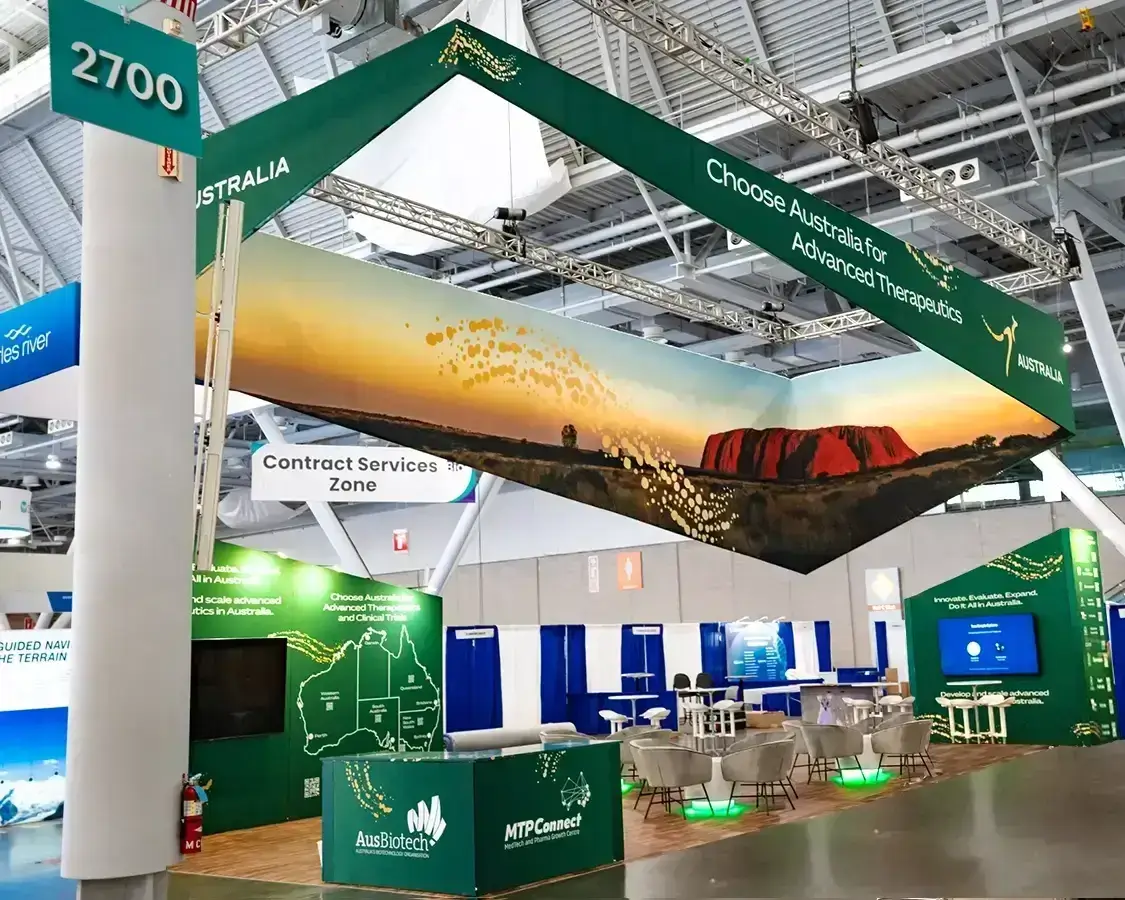20×50 Exhibition Booth Rental for Aus Biotech at Bio International Show, Designed and Built by Exponents in Boston
