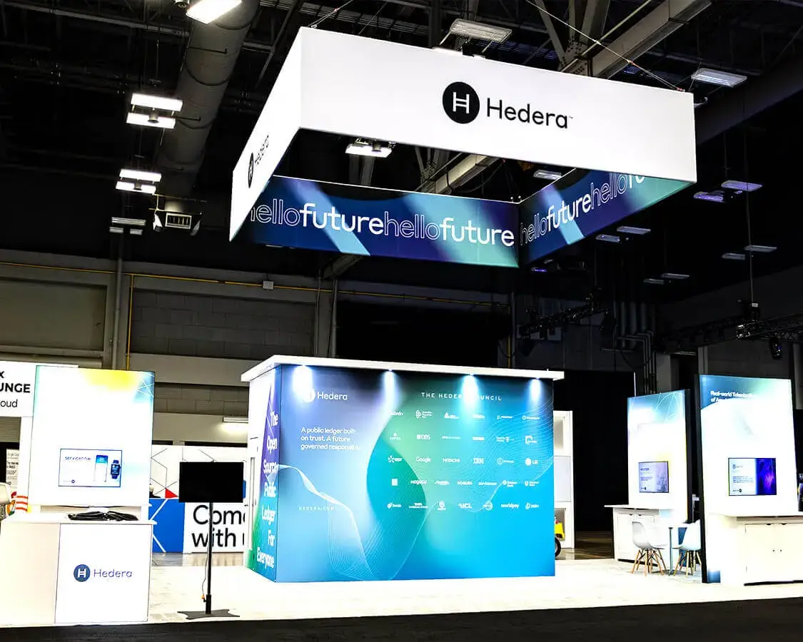 20×40 Exhibit Stand Rentals for Hedera at Consensus Show, Designed and Built By Exponents in Austin
