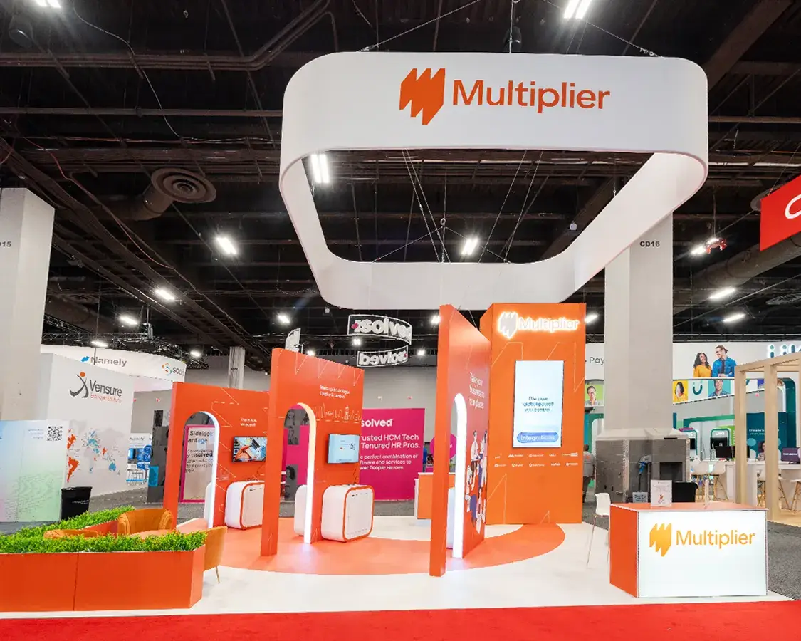 20x30 Trade Show Exhibit for Multiplier at HR Tech, Built by Exponents in Las Vegas, NV 20x30 Trade Show Exhibit for Multiplier at HR Tech, Built by Exponents in Las Vegas, NV
