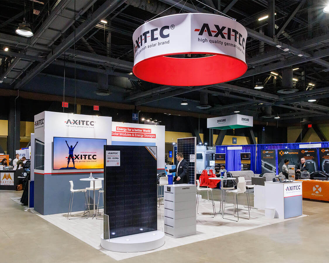 20×20 Trade Show Booth Rentals for Axitec At Intersolar North America, Designed and Built By Exponents in Long Beach