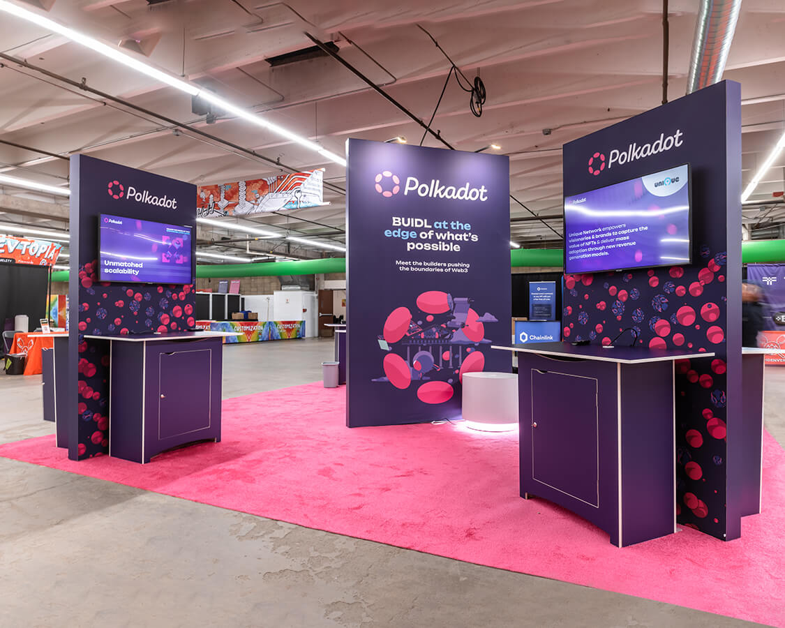 20x20 Exhibition Stands Rental for Polkadot At ETH Denver, Designed and Built By Exponents in Denver