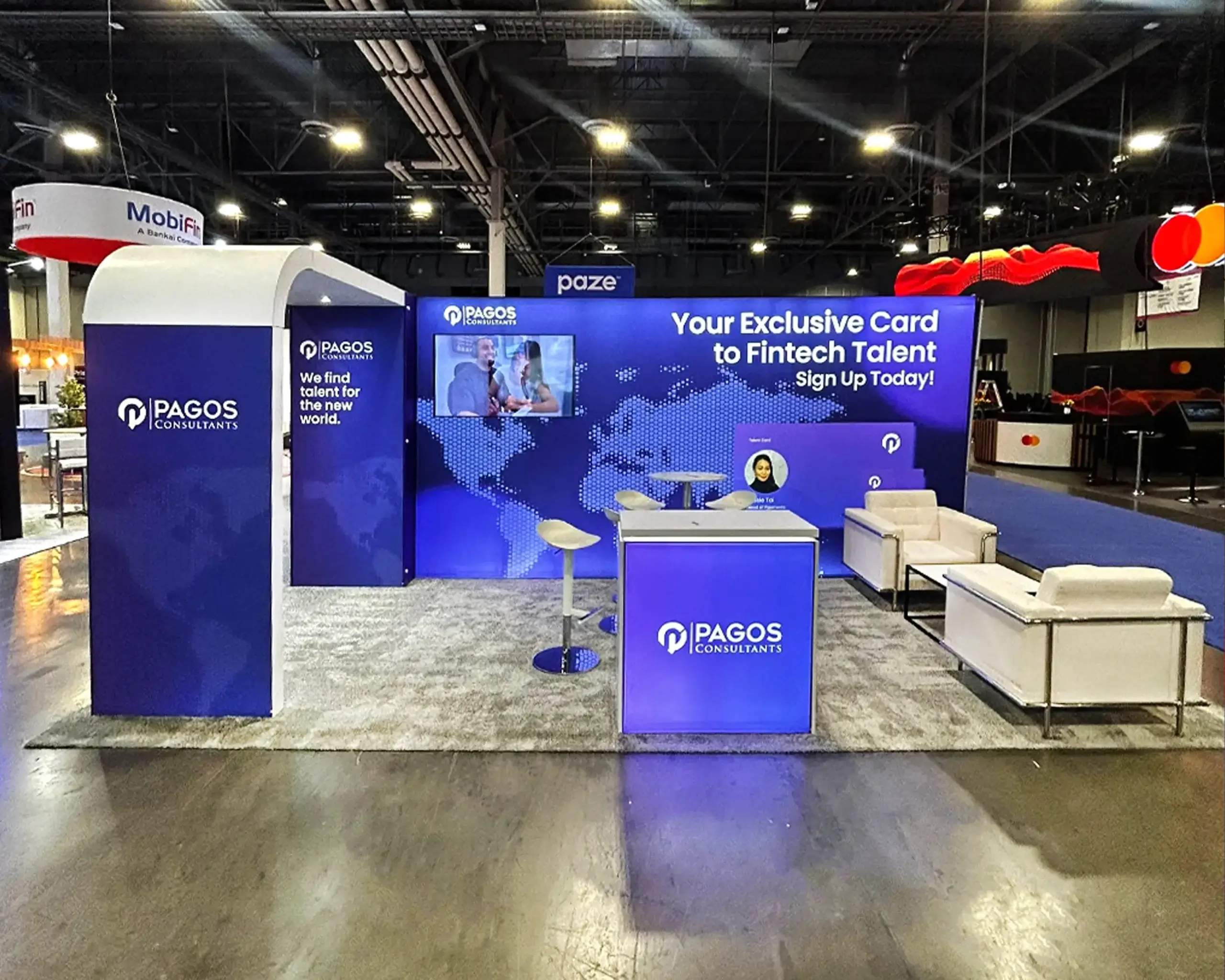 10x20 Trade Show Display for Pagos at Money 20/20 Show, Designed and Built by Exponents in Las Vegas