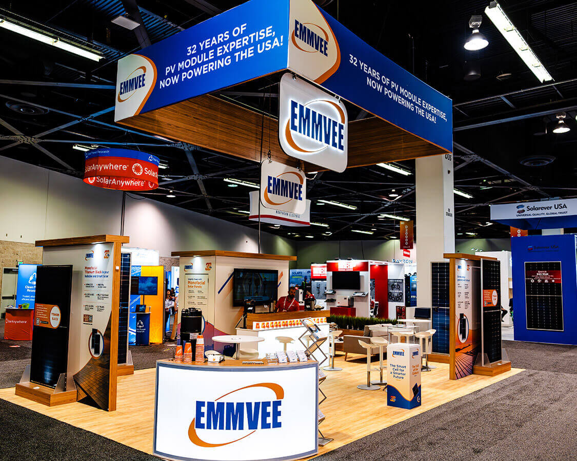 20×30 Trade Show Exhibit Rental for Emmvee At RE+, Designed and Built By Exponents in Anaheim 20×30 Trade Show Exhibit Rental for Emmvee At RE+, Designed and Built By Exponents in Anaheim