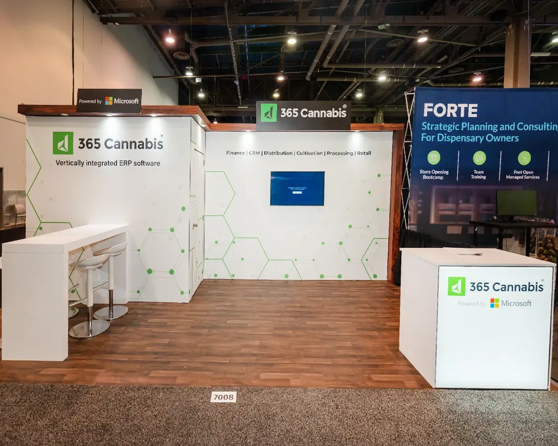 10×20 Trade Show Booth Rental for 365 Cannabis at MJBizCon, Designed and Built by Exponents Las Vegas, NV 10×20 Trade Show Booth Rental for 365 Cannabis at MJBizCon, Designed and Built by Exponents Las Vegas, NV