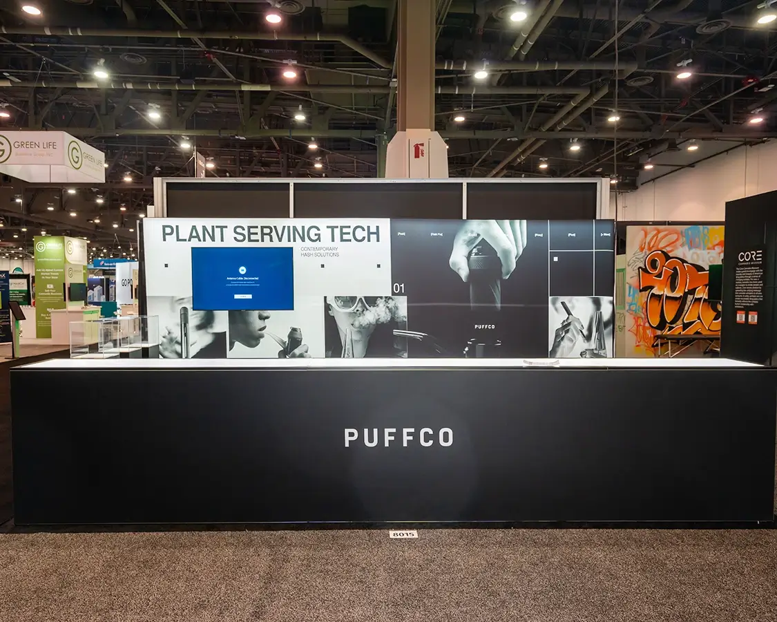 10×20 Trade Show Exhibit Booth for Puffco at MJBizCon Show, Designed and Built by Exponents Las Vegas, NV 10×20 Trade Show Exhibit Booth for Puffco at MJBizCon Show, Designed and Built by Exponents Las Vegas, NV