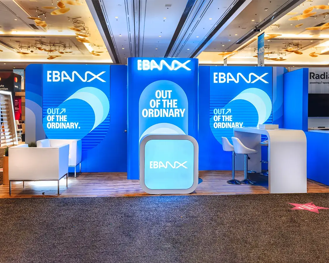 10x20 Trade Show Exhibit Rental for Ebanx at MRC Show, Designed and Built by Exponents in Las Vegas, NV 10x20 Trade Show Exhibit Rental for Ebanx at MRC Show, Designed and Built by Exponents in Las Vegas, NV