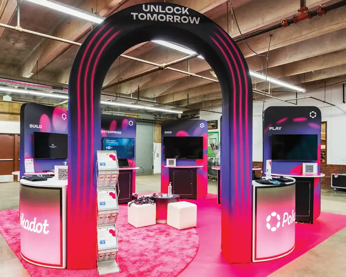 20×20 Trade Show Booth for Polkadot at ETH Denver Show, Designed and Built by Exponents in Denver, CO