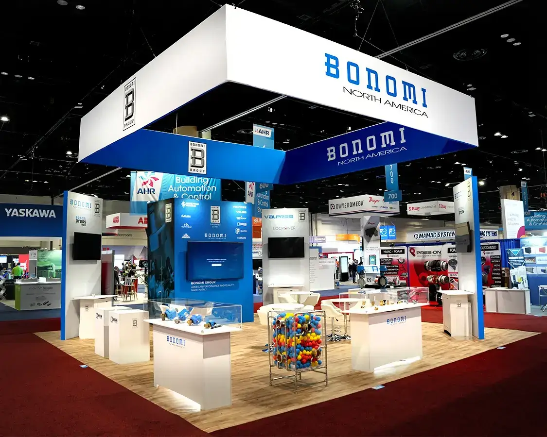 30x30 Booth Rental for Bonomi At AHR, Designed and Built By Exponents in Orlando 30x30 Booth Rental for Bonomi At AHR, Designed and Built By Exponents in Orlando