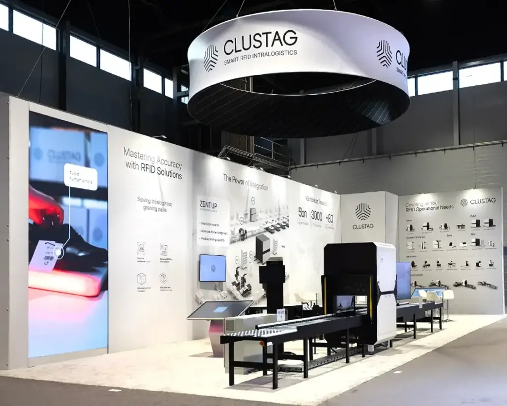 30×60 Trade Show Exhibit Rental for Clustag at Promat Show, Designed and Built by Exponents in Chicago