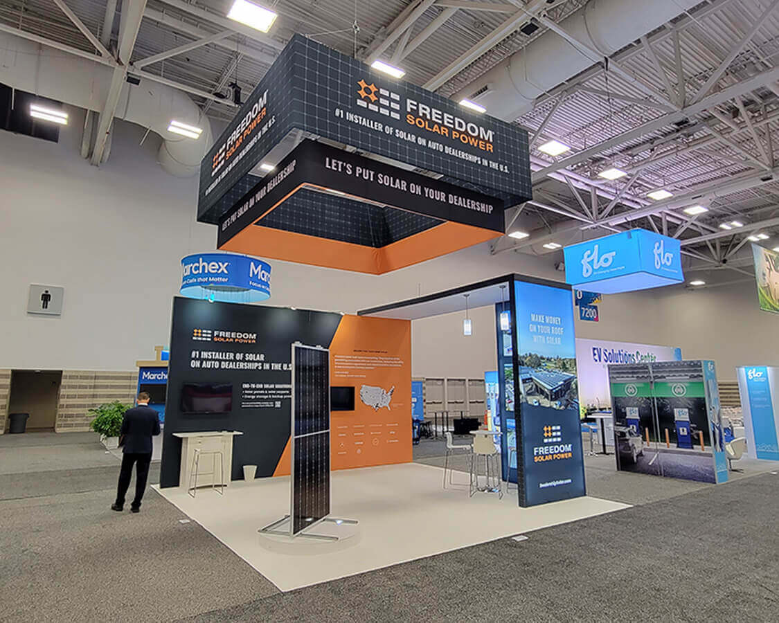 20x20 Booth Rental for Freedom Solar LLC At NAD, Designed and Built By Exponents in Dallas 20x20 Booth Rental for Freedom Solar LLC At NAD, Designed and Built By Exponents in Dallas