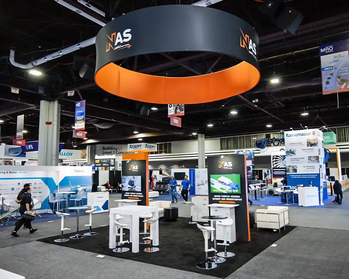 20x20 Trade Show Exhibit Rental for NAS at MRO Americas Show, Designed and Built by Exponents in Atlanta, GA