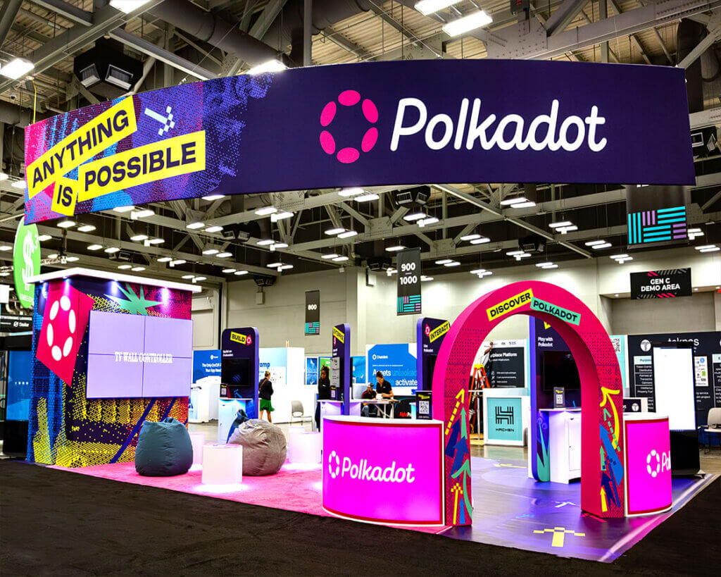 22x40 Trade show exhibit for Polkadot At Consenus, Designed and Built By Exponents in Austin