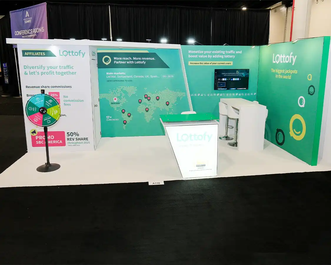 10x20 Exhibit Booth for Lottofy at SBC Summit, Designed and Built by Exponents in Fort Lauderdale, FL