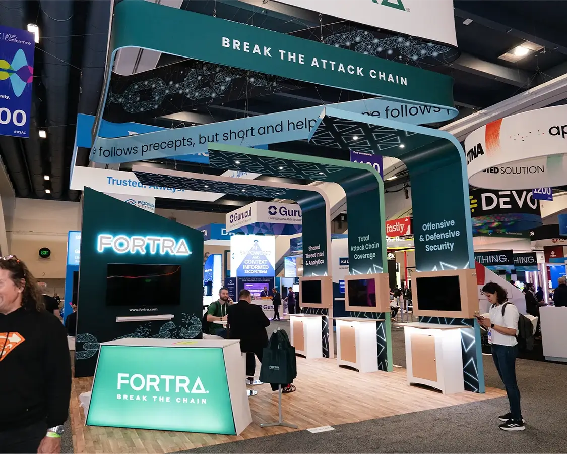 20×20 Trade Show Booth Rental for Fortra At RSA, Designed and Built By Exponents in San Francisco