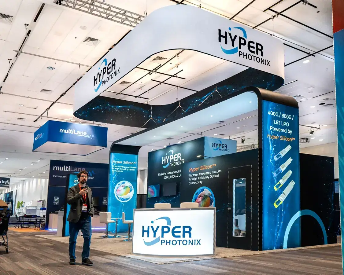 20×30 Trade Show Exhibit for Hyper At OFC Show, Designed and Built By Exponents in San Francisco 20×30 Trade Show Exhibit for Hyper At OFC Show, Designed and Built By Exponents in San Francisco