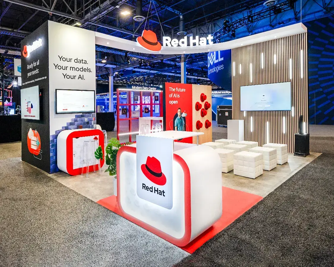 20×20 Trade Show Exhibit Booth for Red Hat At Dell Technologies World, Designed and Built By Exponents in Las Vegas