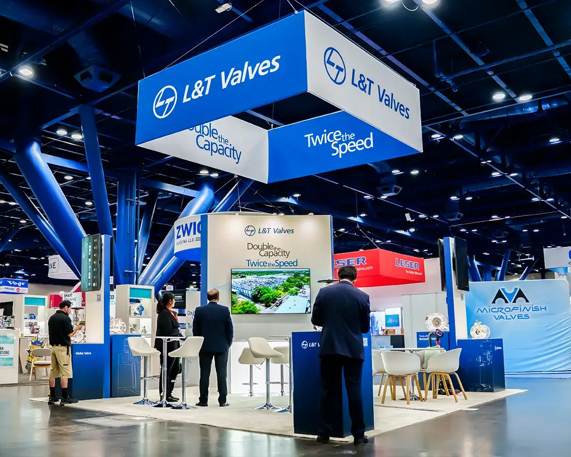 20×20 Trade Show Exhibit Design for L&T Valves at Valve World Americas, Built by Exponents in Houston