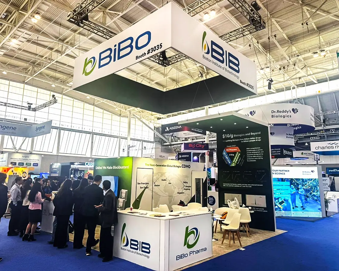 20x20 Trade Show Exhibit Rental for Bibo at Bio International, Designed and Built by Exponents in  Boston, MA