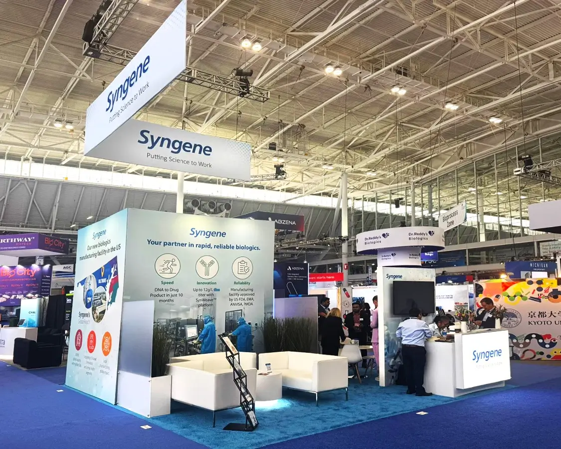 20×20 Trade Show Exhibit Booth for Syngene at Bio International Show, Designed and Built by Exponents in Boston