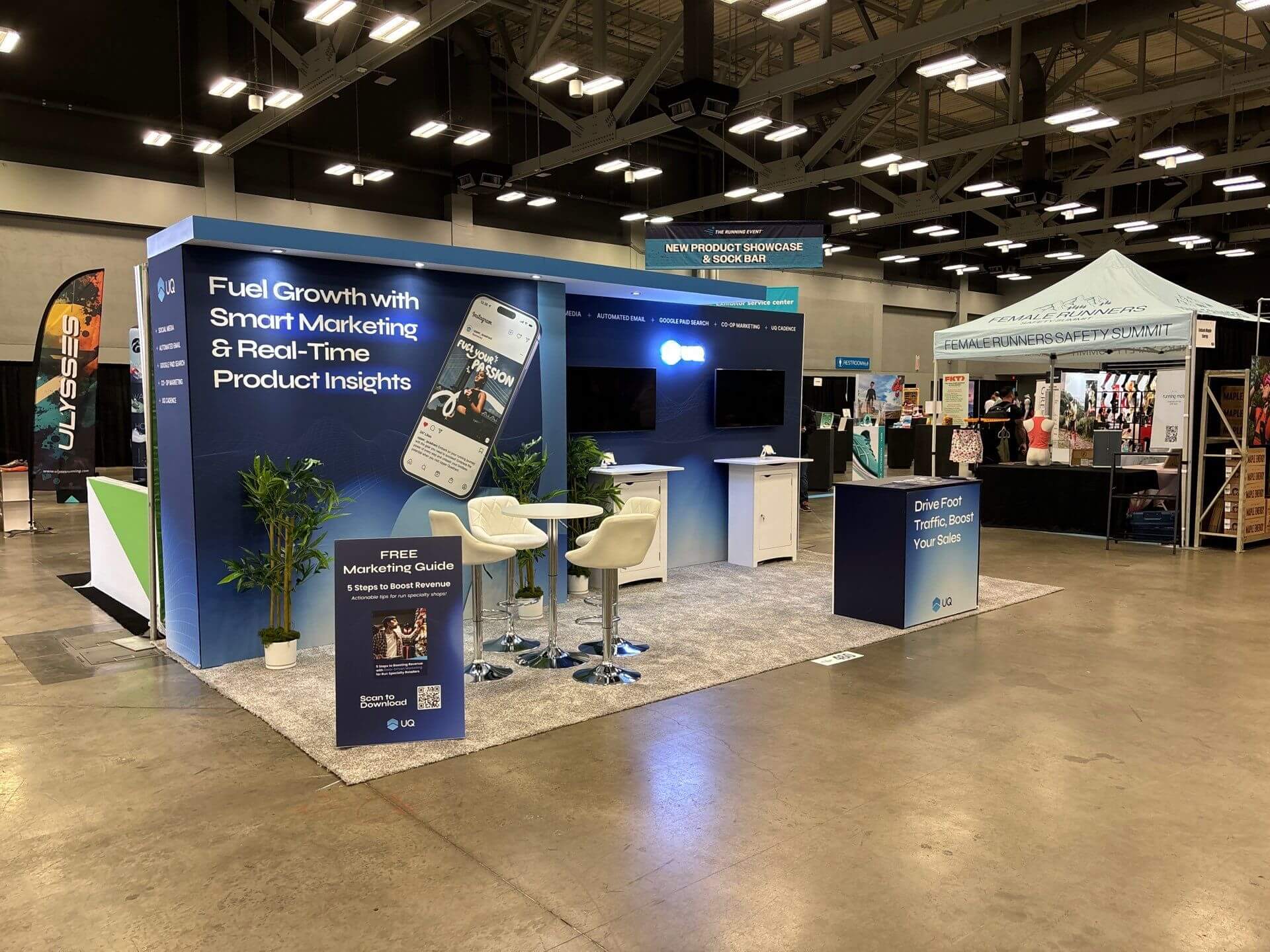 10x20 Trade Show booth Rental for UQ at The Running Event 2024, Designed and Built by Exponents in Austin, TX 10x20 Trade Show booth Rental for UQ at The Running Event 2024, Designed and Built by Exponents in Austin, TX
