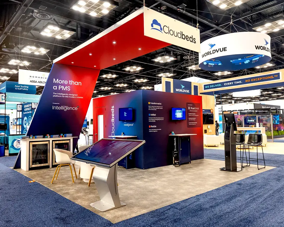 20×20 Trade Show Booth for Cloudbeds at Hitec Show, Designed and Built By Exponents in Indianapolis
