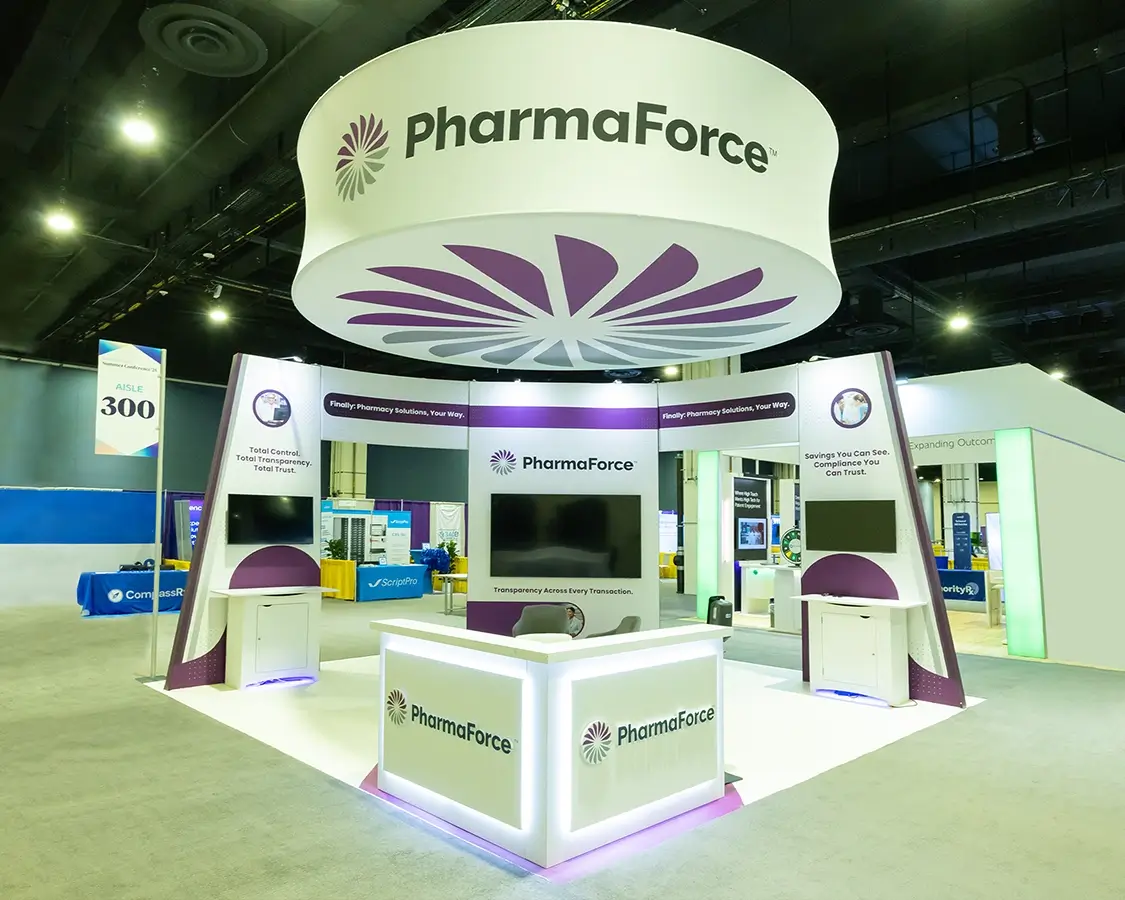 20×20 Trade Show Booth for Pharmaforce at 340B Coalition Summer Conferences Show, Designed and Built by Exponents in National Harbor 20×20 Trade Show Booth for Pharmaforce at 340B Coalition Summer Conferences Show, Designed and Built by Exponents in National Harbor